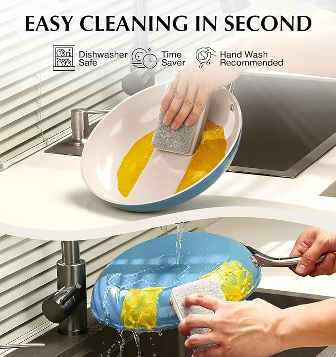 KOCH SYSTEME CS Nonstick Frying Pan with Lid, 10 Inch Non Stick Skillet with Stay-Cool Stainless Steel Handle, Omelet Pan with Nonstick Ceramic Coating, PFOA Free, Dishwasher & Oven Safe, Blue