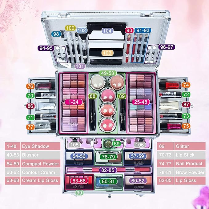 Make-up Box Set Multi-purpose Cosmetic Storage Beauty Case Professional Contain Eyeshadow Concealer Lip gloss Blusher Compact Powder Eyebrow and Makeup Pencil Brush #3-BrightBean Baby