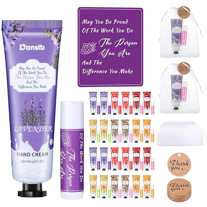 Thank You Gifts for Employee Hand Cream and Lip Balm Bulk Set with Organza Bag Thank You Card Hand Lotion Appreciation Gift Set for Women Men Coworkers Volunteer(24 Set)-BrightBean Baby