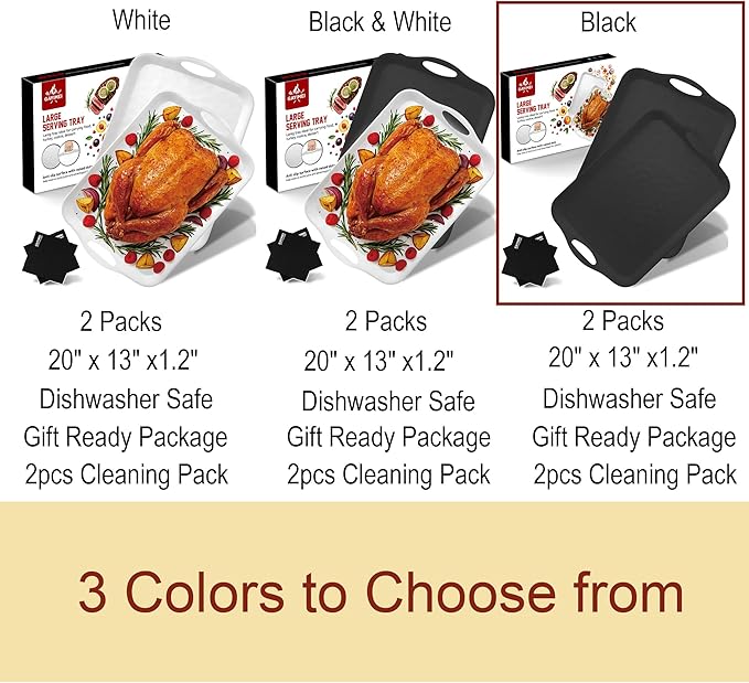 20" x 13" Large Serving Platters for Turkey, Cookie, Cupcakes, Gift Ready Melamine Serving Tray with Handles for Party Entertaining, Raised Dots & Matt Finish, Set of 2, Black