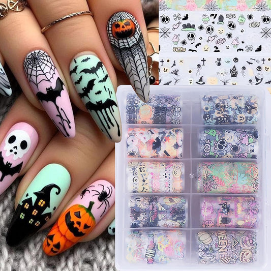 Halloween Nail Foils Transfers - Ghost Pumpkin Skull Bat Spider Web Black Cat Design, Gold & Holographic Foil Stickers for Nail Art, Manicure Decals for DIY Acrylic Nails, 10 Sheets-BrightBean Baby