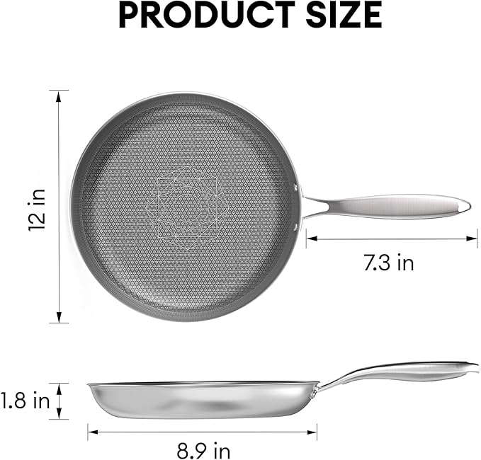 COOKING KING 12 Inch Stainless Steel Pan - Hybrid Nonstick Frying Pan Skillet