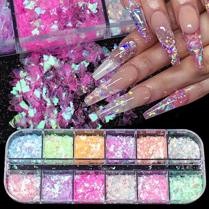 12 Colors Holographic Nail Art Glitter Sequins Iridescent Ice Slag Nail Glitter Laser Nail Art Flakes Colored Fluorescent Glass Paper Nail Sticker Decoration for Face Hand Body Make-Up DIY-BrightBean Baby