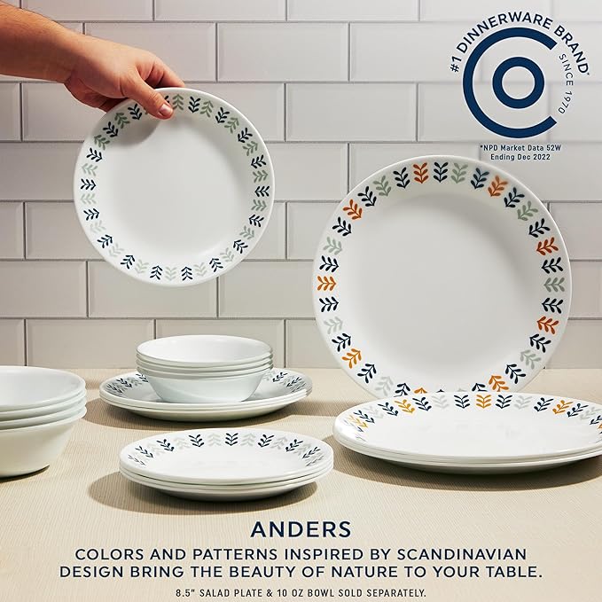 Corelle Vitrelle 18 Piece Glass Dinnerware Sets Service for 6, Triple Layer Chip & Crack Resistant Glass Plate and Bowl Sets, Anders