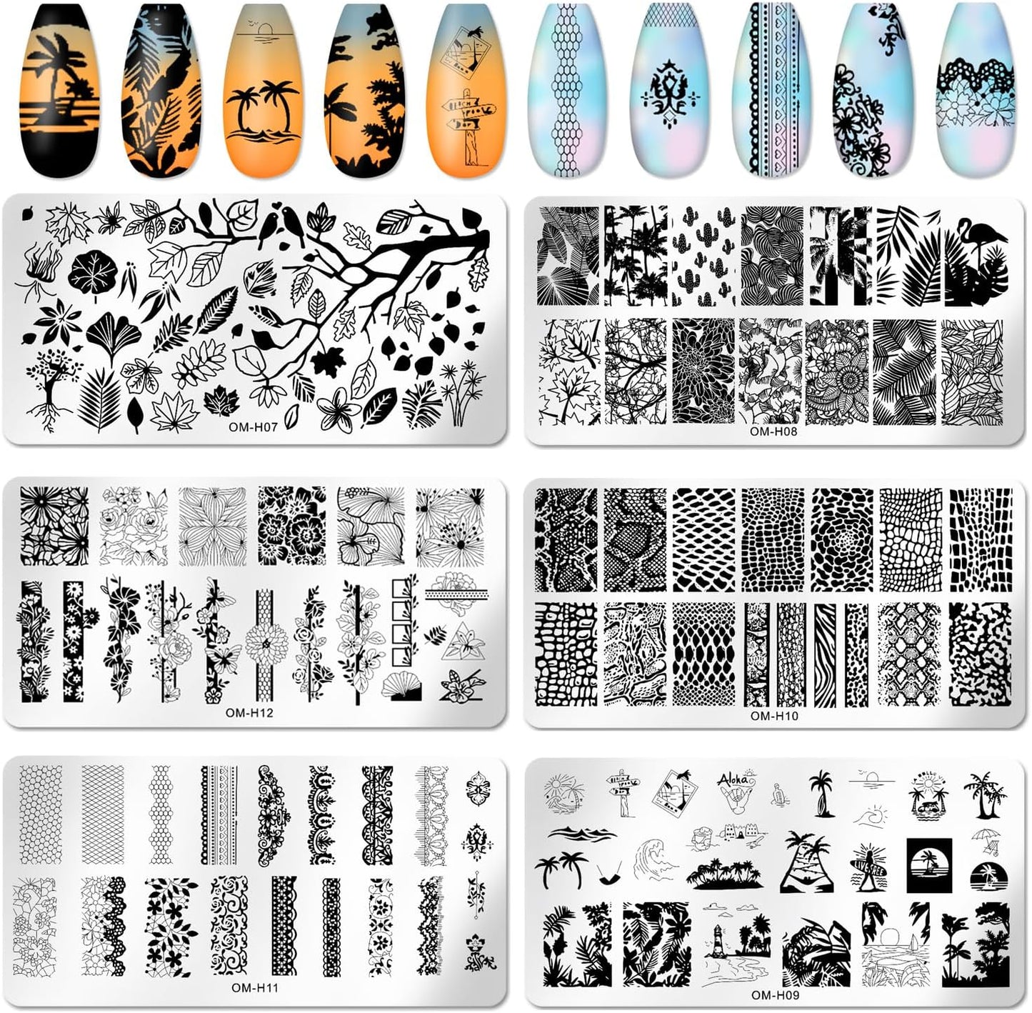 6pcs Nail Art Stamping Plates Set Manicuring Accessories Coconut Tree Leaves Flowers Birds Cactus Island Geometry Image Template for DIY Tips Decoration-BrightBean Baby