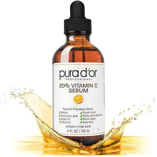 PURA D'OR 20% Vitamin C Serum 4 Oz - Lightweight Maximum Strength Formula - Retinol, Hyaluronic Acid, Ferulic Acid - Professional Grade Treatment For Face & Eyes, Wrinkles - Men & Women-BrightBean Baby