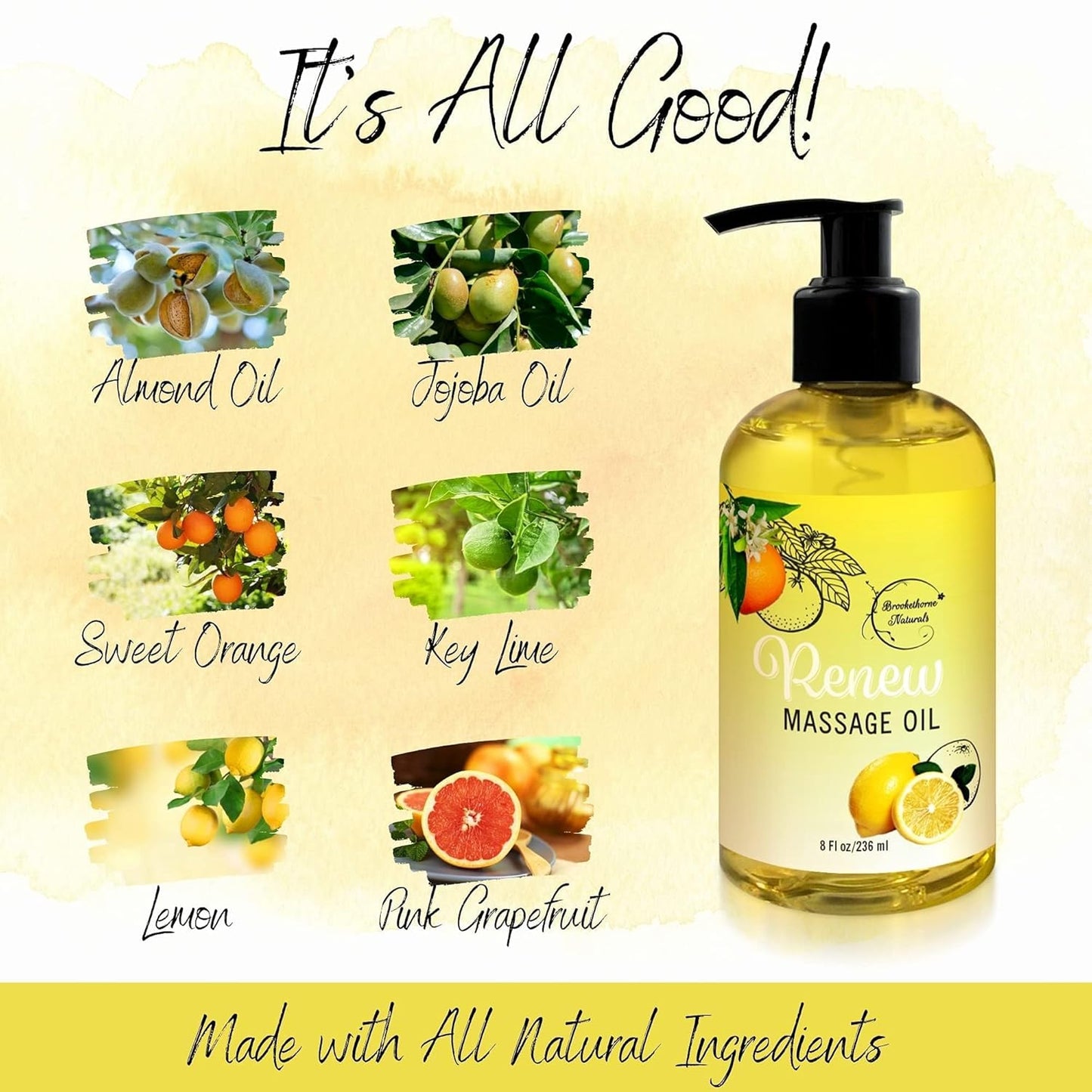 Renew Massage Oil with Orange, Lemon & Peppermint Essential Oils - Great for Massage Therapy or Home use. Ideal for Full Body – with Almond, Grapeseed & Jojoba – by Brookethorne Naturals-BrightBean Baby