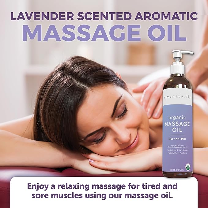 Viva Naturals Organic Massage Oil (8 fl. oz.) - Lavender Scented Non-Greasy Body Massage Oil with Mess-Free Pump, Moisturizing Massage Oils for Massage Therapy, Non-GMO and Certified Organic, 237 mL-BrightBean Baby