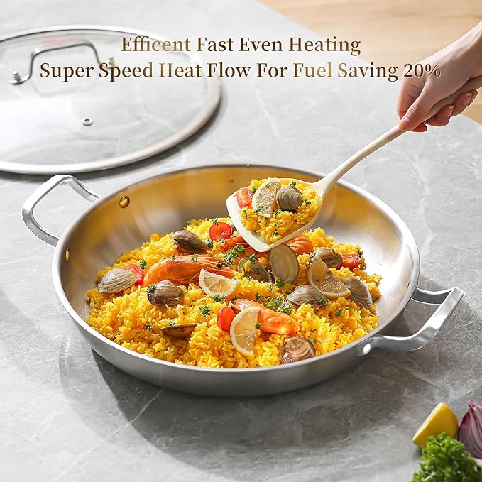DELARLO 14" Tri-Ply Stainless Steel Nonstick Paella Pan with Lid