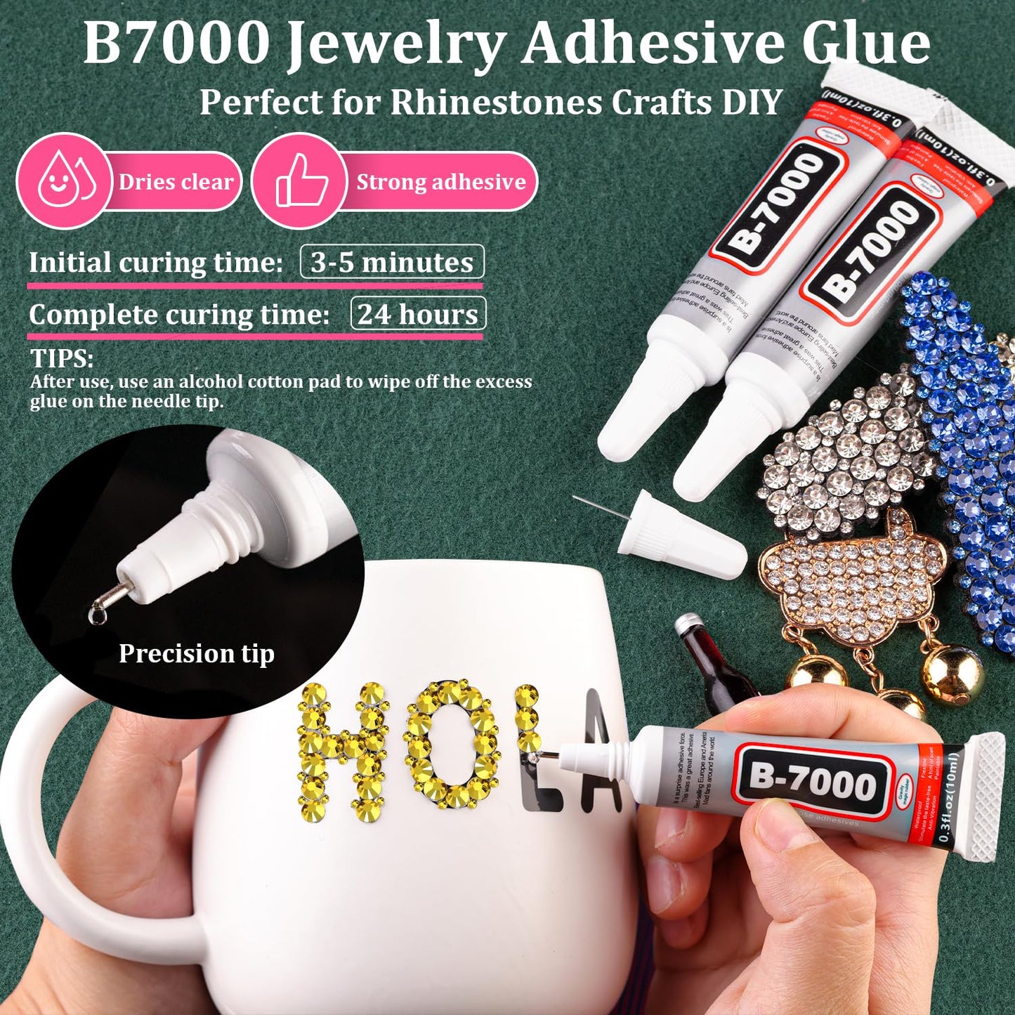 Resin Rhinestones for Crafting with B7000 Jewelry Glue, 1 Box Bright Gold Flatback Crystals with 3Pcs 10ml Glue for Bedazzling Crafts DIY Nail Art Makeup，Non Hotfix Gems for Clothing Shoes-BrightBean Baby