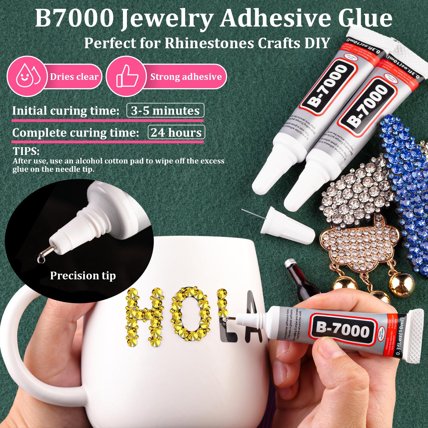 Resin Rhinestones for Crafting with B7000 Jewelry Glue, 1 Box Bright Gold Flatback Crystals with 3Pcs 10ml Glue for Bedazzling Crafts DIY Nail Art Makeup，Non Hotfix Gems for Clothing Shoes-BrightBean Baby