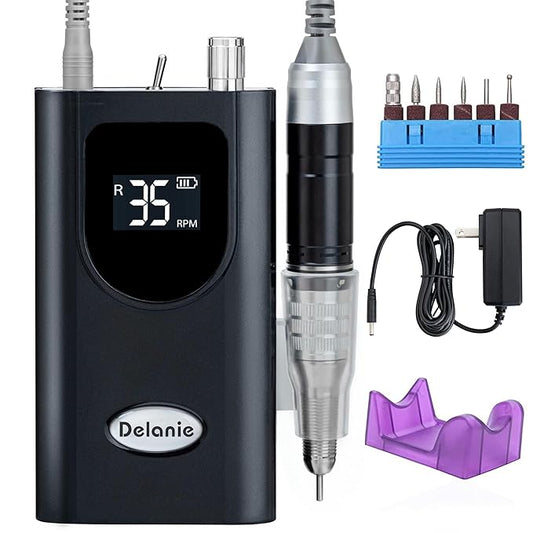 Delanie Professional Nail Drill High Torque 35000 RPM Rechargeable Portable Electric Nail File Filer for Acrylic Gel with Cuticle Bits, Salon Manicure Tool, Black-BrightBean Baby