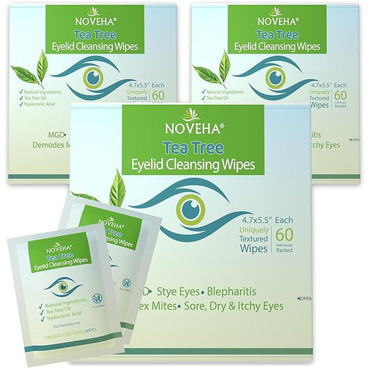 NOVEHA Tea Tree Oil Eyelid & Lash Wipes With Hyaluronic Acid, Green Tea & Chamomile For Blepharitis & Itchy Eyes, Individually Wrapped Eyelash Wipes Natural Makeup Remover & Daily Cleanser (Pack of 3)-BrightBean Baby