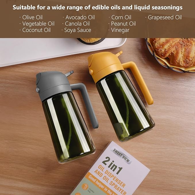 Olive Oil Dispenser and Oil Sprayer – 16oz/470ml Glass Light-Proof Oil Pourer for Kitchen, Air Fryer, Cooking, Salad, and BBQ