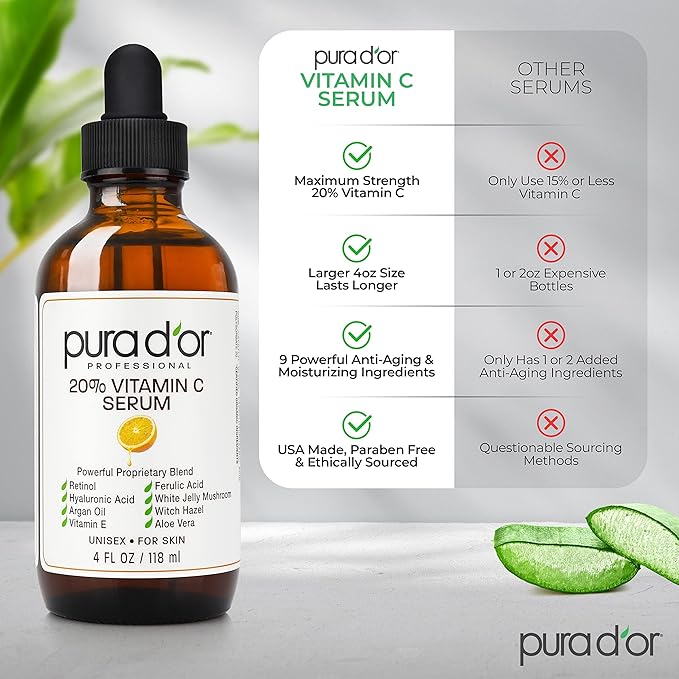 PURA D'OR 20% Vitamin C Serum 4 Oz - Lightweight Maximum Strength Formula - Retinol, Hyaluronic Acid, Ferulic Acid - Professional Grade Treatment For Face & Eyes, Wrinkles - Men & Women-BrightBean Baby