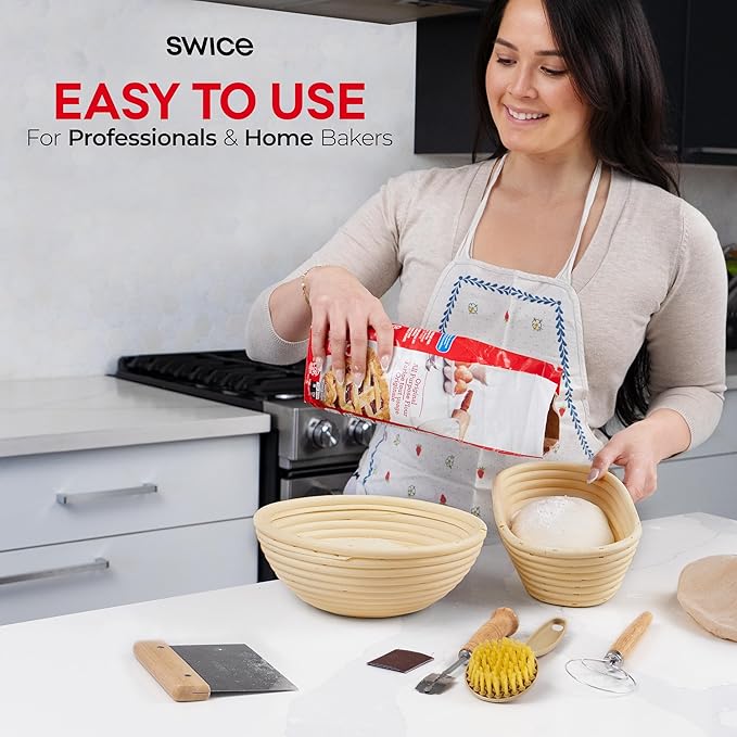 Swice Bread Proofing Basket Set, 9-Inch Round & 10-Inch Oval Banneton Sourdough Starter Kit with Lame, Dough Scraper, Linen Liner, and Basting Brush, Complete Bread Making Supplies and Tools