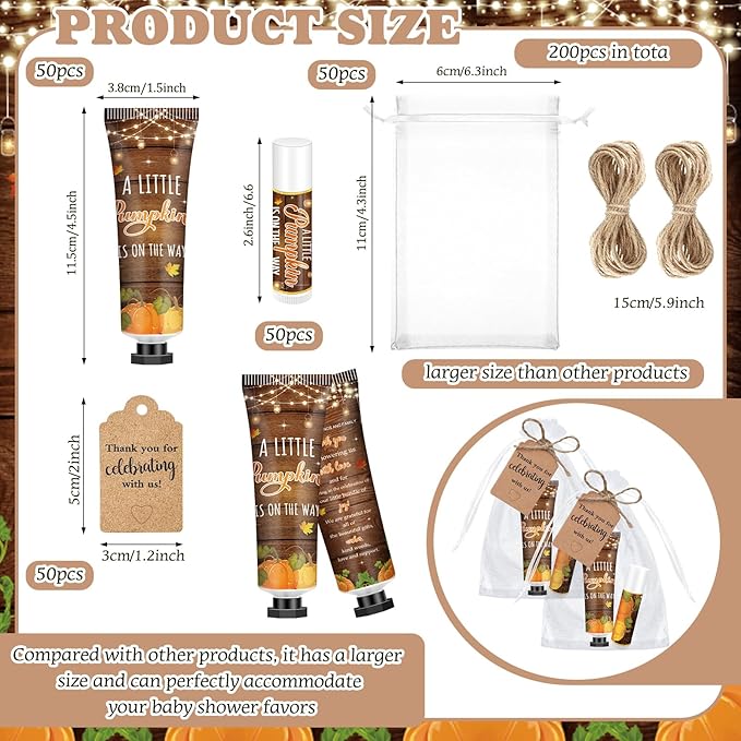 50 Sets 200 Pcs Baby Shower Hand Lotion and Lip Balm Gift Theme Baby Shower Party Favors Travel Size Hand Lotion and Lip Balm Bulk with Organza Bags Tags(Rustic Pumpkin)-BrightBean Baby