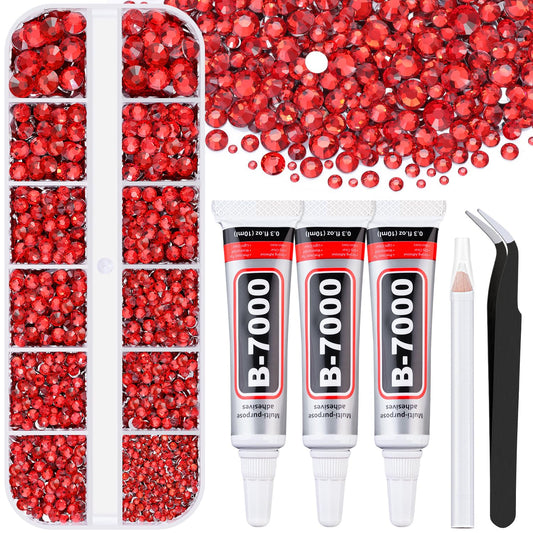 6000Pcs Resin Rhinestones for Bedazzling with 3Pcs B7000 Jewelry Glue, 1 Box Red Flatback Rhinestones for Crafting Crafts DIY, Crystals Gems for Clothing Shoes Tumblers Nail Art Makeup-BrightBean Baby