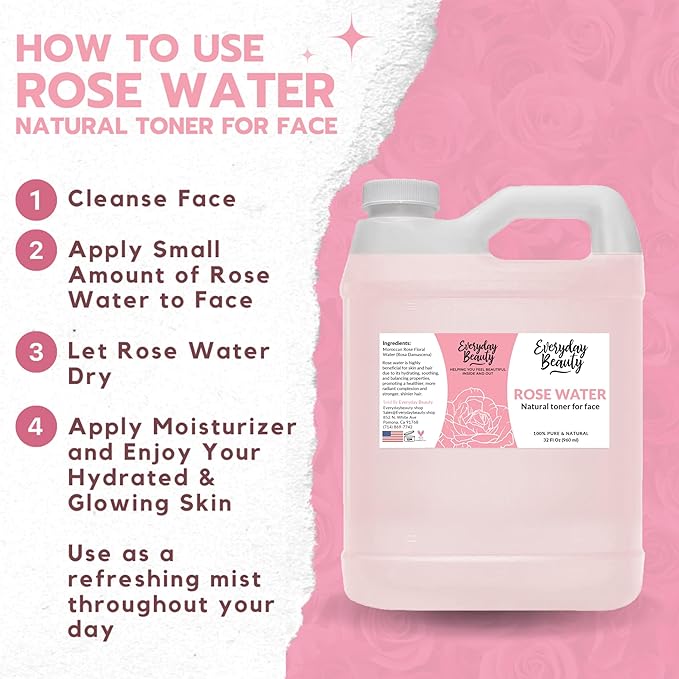 Rose Water Facial Toner - 32oz Bulk Alcohol-Free Vegan All Natural Refreshing for Face and Hair - Uplifts, Calming & Soothing for All Skin Types-BrightBean Baby