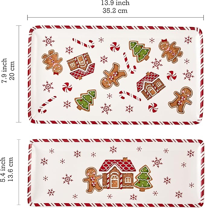 Bico Traditional Gingerbread Man Ceramic 14 inch Rectangular Serving Platter, Set of 2, for Serving Salad, Pasta, Cheese, Ham, Appetizer, Microwave & Dishwasher Safe