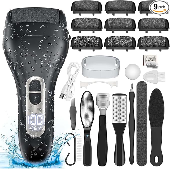 Electric Callus Remover for Feet - with 9pcs Larger Grinding Head, Portable Pedicure Kit Foot File Callus Remover, Rechargeable Waterproof Foot File for Foot Care Deadskin Remover LCD Display-Black-BrightBean Baby