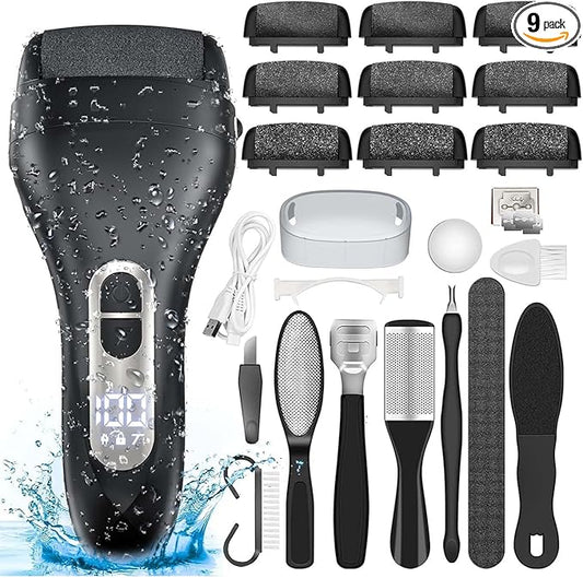 Electric Callus Remover for Feet - with 9pcs Larger Grinding Head, Portable Pedicure Kit Foot File Callus Remover, Rechargeable Waterproof Foot File for Foot Care Deadskin Remover LCD Display-Black-BrightBean Baby
