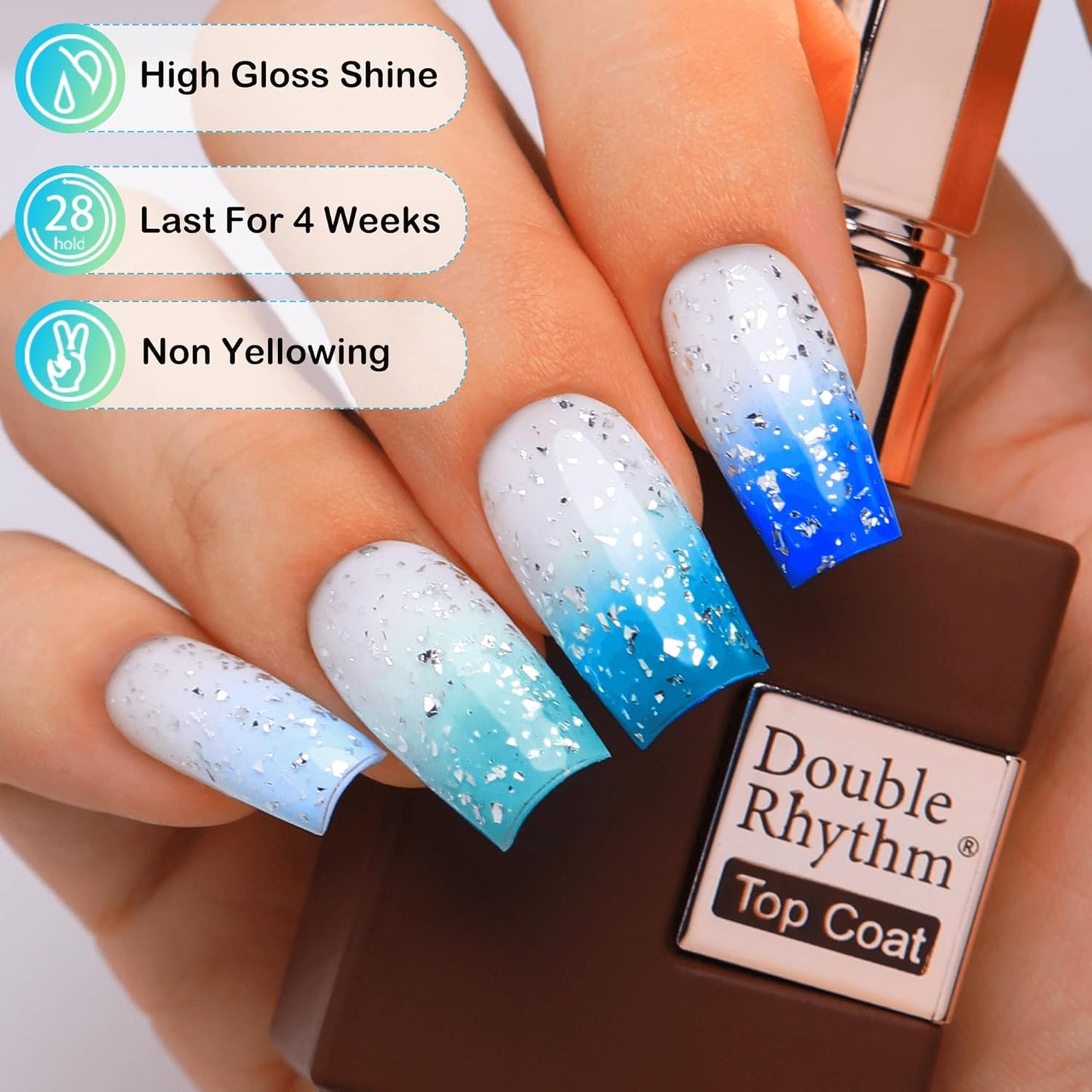 Double Rhythm 15ML No Wipe Gel Top Coat Base Coat Iridescent Glitter Shimmer 2 in 1 Nail Polish Soak Off Manicure DIY Home Salon (Silver Top Coat)-BrightBean Baby