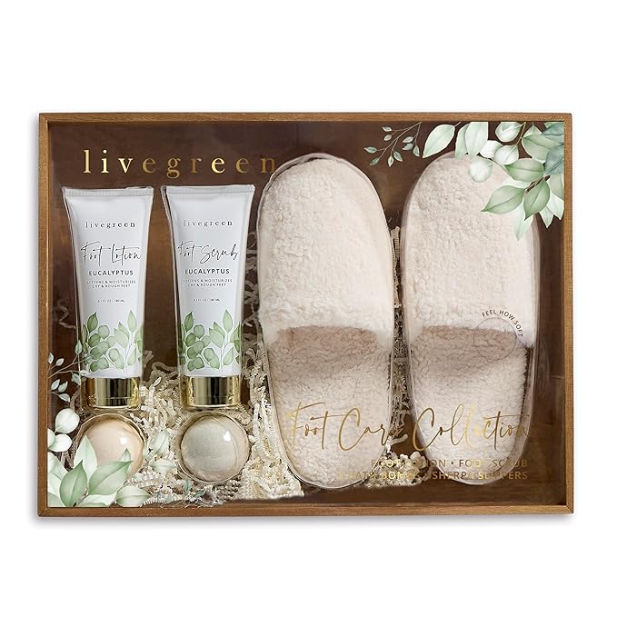 Live Green Foot Care Collection in Eucalyptus, Foot Spa Set with Sherpa Slippers, Foot Lotion (60ml), Foot Scrub (60ml) and 2 Bath Bombs (80 grams each)-BrightBean Baby