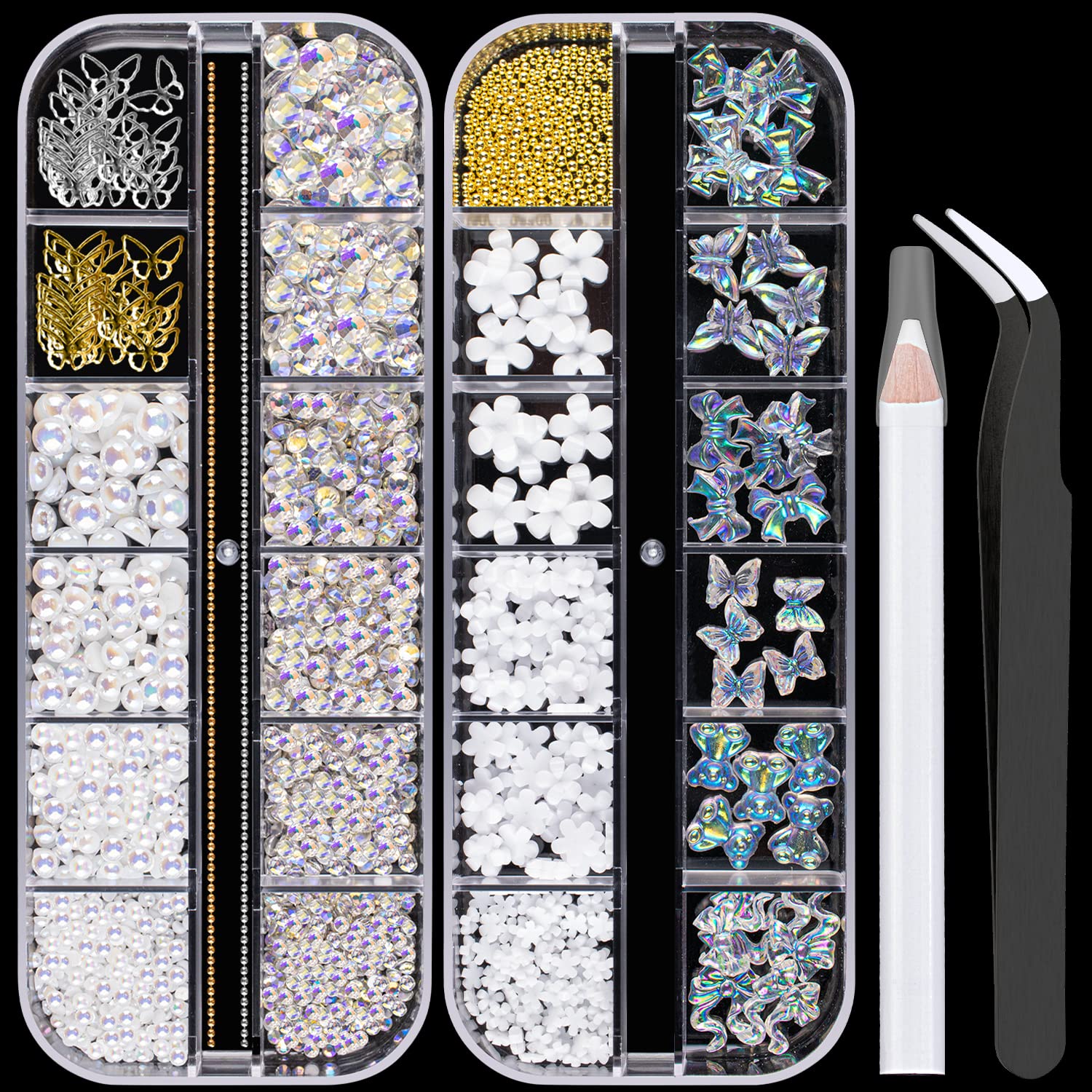 Mixed 3D Nail Art Gem Decoration Accessories Kit #8, Aurora Bear Bow Butterfly Starry AB Rhinestone Charm Jewelry for Deco, Pearl Flower Caviar Bead Stone Crystal with Pickup Pencil and Tweezer-BrightBean Baby