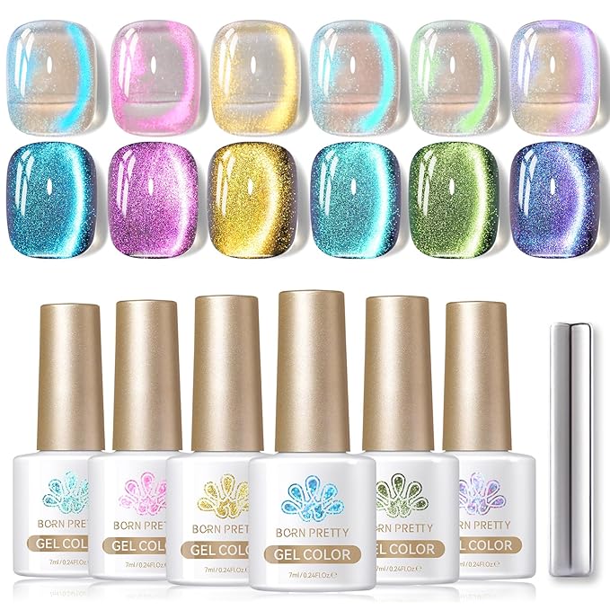 Born Pretty Cat Magnetic Eye Gel Nail Polish Aurora Mermaid Blue Purple Pink Yellow Red Gel Polish Glass Holographic Glitter Gel Nail Polish for Nail Art Manicure Salon DIY 6PCS 7ML-BrightBean Baby