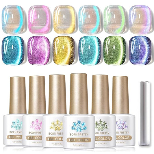 Born Pretty Cat Magnetic Eye Gel Nail Polish Aurora Mermaid Blue Purple Pink Yellow Red Gel Polish Glass Holographic Glitter Gel Nail Polish for Nail Art Manicure Salon DIY 6PCS 7ML-BrightBean Baby