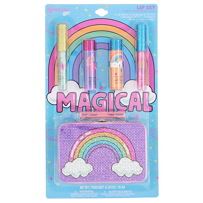 Expressions 5pc Rainbow Rhinestones Cosmetics Lip Kit For Kids w/Lip Glosses, Lip Balms & Tin Box Storage Case Magical Lip Set,Washable + Non Toxic-BrightBean Baby