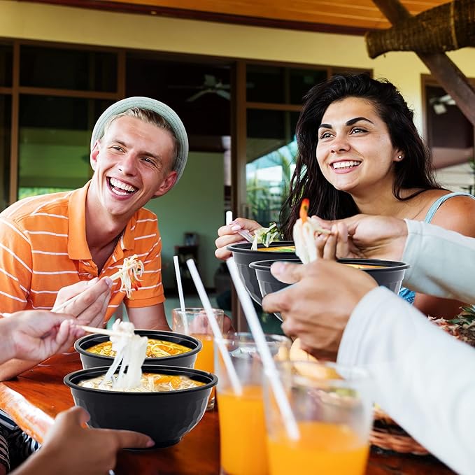 POPMISOLER 150 Pcs Stackable Meal Prep Bowl Containers, Food Takeout Bowls Reusable,Black Disposable Meal Prep Bowls With Lids. (48oz-Black)