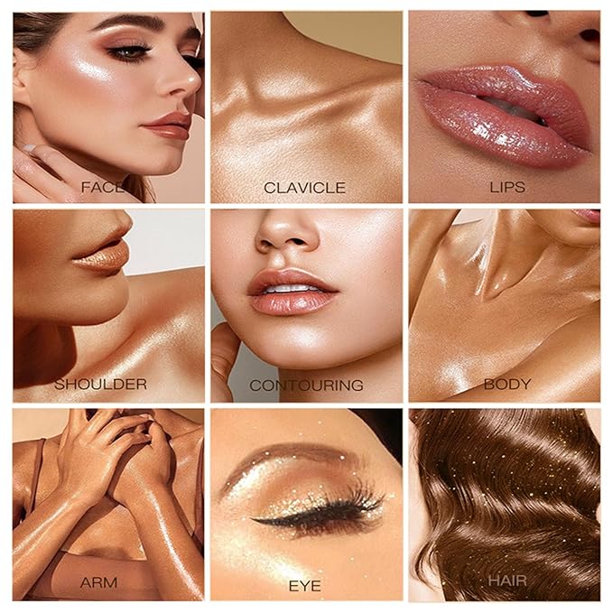 Shimmer Body Oil-Gold Face Brighten Glow Pearl Highlighter Liquid Illuminator Body Glow Oil,4 Color Bronze Makeup Glitter Body Shimmer Oil with Makeup Brush-BrightBean Baby