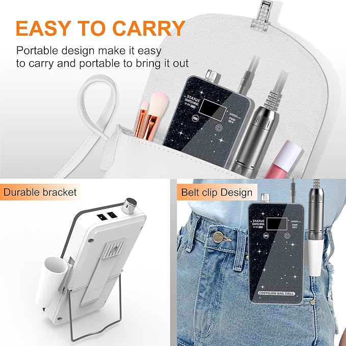 Professional Electric Nail Drill File:COSYGLOW Glitter Portable Cordless E-File Nail Drill Kit with 11 Drill Bits,30000 RPM Rechargeable Nail Drills Machine for Acrylic Nails Gel Polishing(Black)-BrightBean Baby