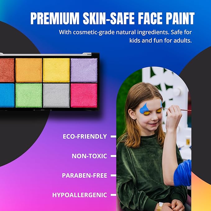 Professional Face Painting Kit - Skin Friendly Face Paint Kit - Cruelty-Free & Vegan Water Based Face Paint Makeup for Theatre, SFX and Halloween- 8 Colors 5g Each - Splashes & Spills (Pearly Colors)-BrightBean Baby