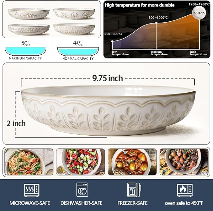 Artena Pasta Bowls, 50oz Large Salad Serving Bowls, 9.75'' Plates Bowls Set of 4, Big White Ceramic Soup Bowls for Kitchen, Embossment Shallow Dinner Bowl, Microwave Dishwasher Safe, Wheat Leaf