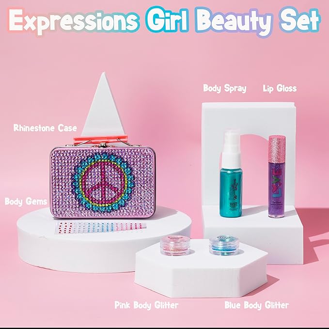 Expressions 6pc Peace & Rhinestones Beauty Set w/Tin Box Storage Case - Body Spray, Body Glitter, Mini Body Gems, and Lip Gloss Set,Washable + Non Toxic-BrightBean Baby