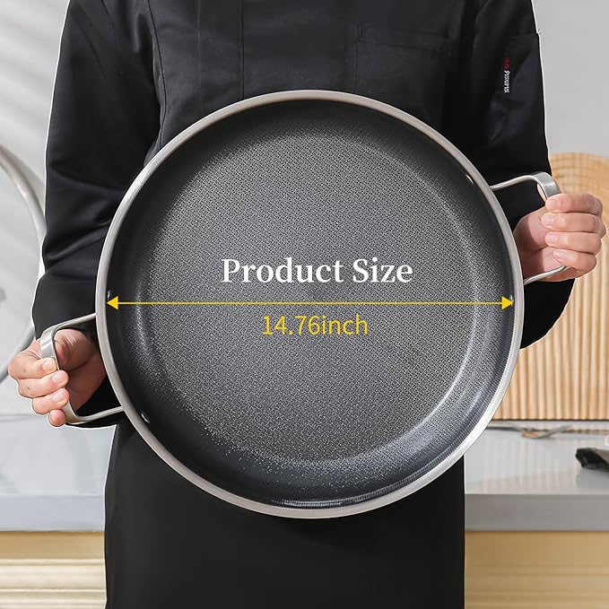 DELARLO 14" Tri-Ply Stainless Steel Paella Pan with Lid