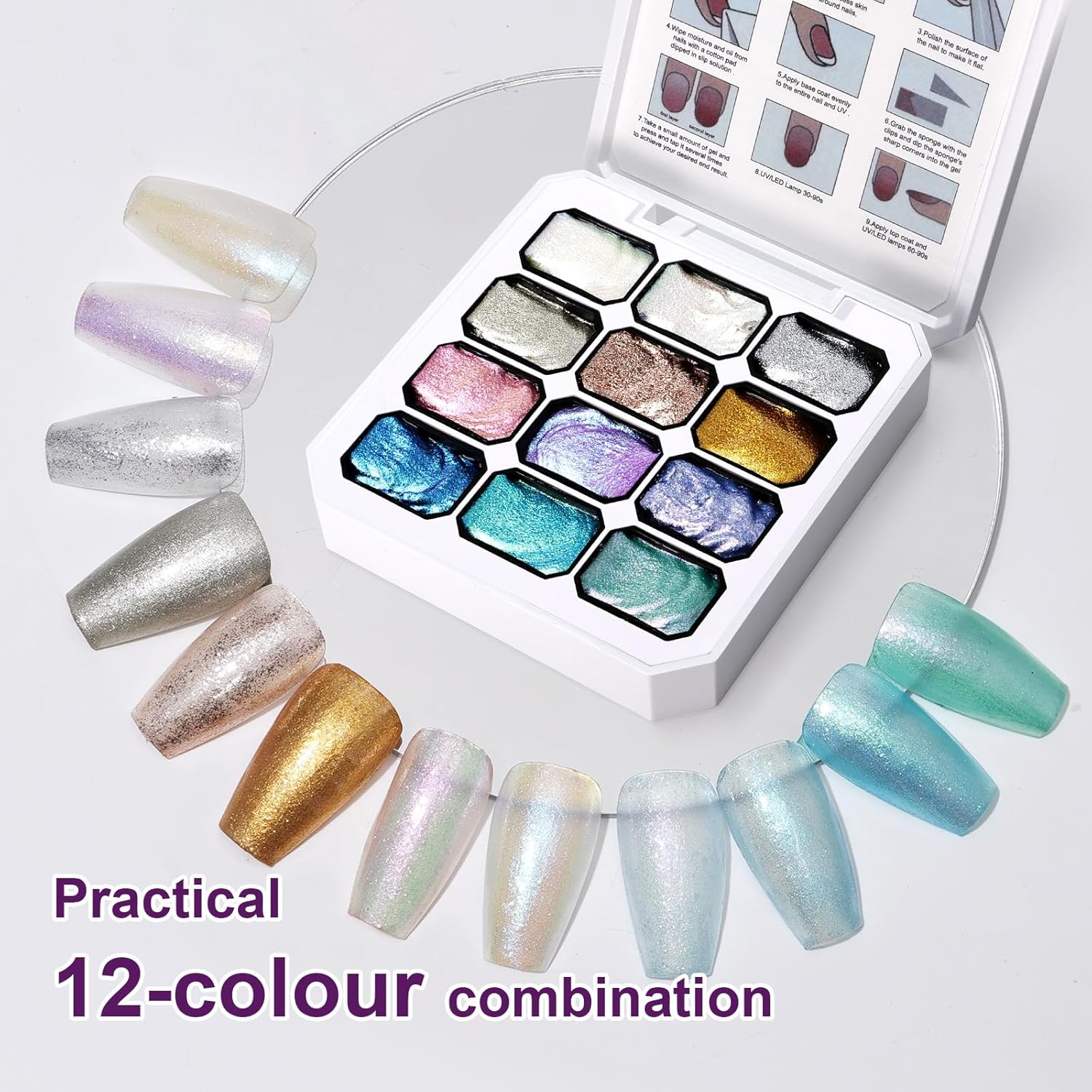 Gradient Painting Gel, 12 Gliter Colors Ombre Gel Nail Polish for Pigment Pat Silver&Gold Pink Blue Aurora color Bright Nails, French Manicure DIY Nail Art No-wipe Palette for Women-BrightBean Baby