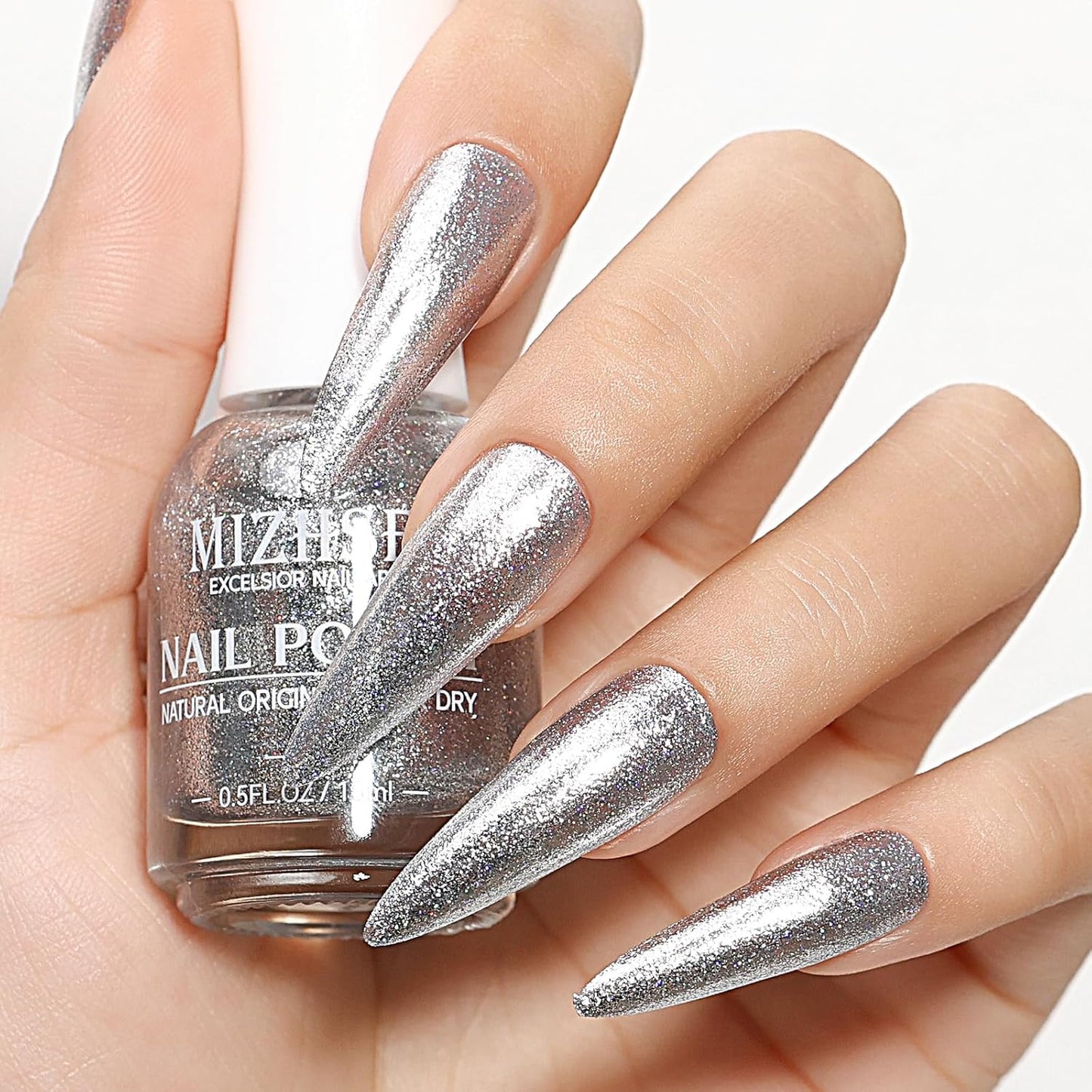 MIZHSE Quick Dry Glitter Silver Nail Polish, Classic Nail Polish Air Dry Fast, 15ml High Glossy Sparkly Shiny Shimmery Nail Art Salon Manicure Home-BrightBean Baby
