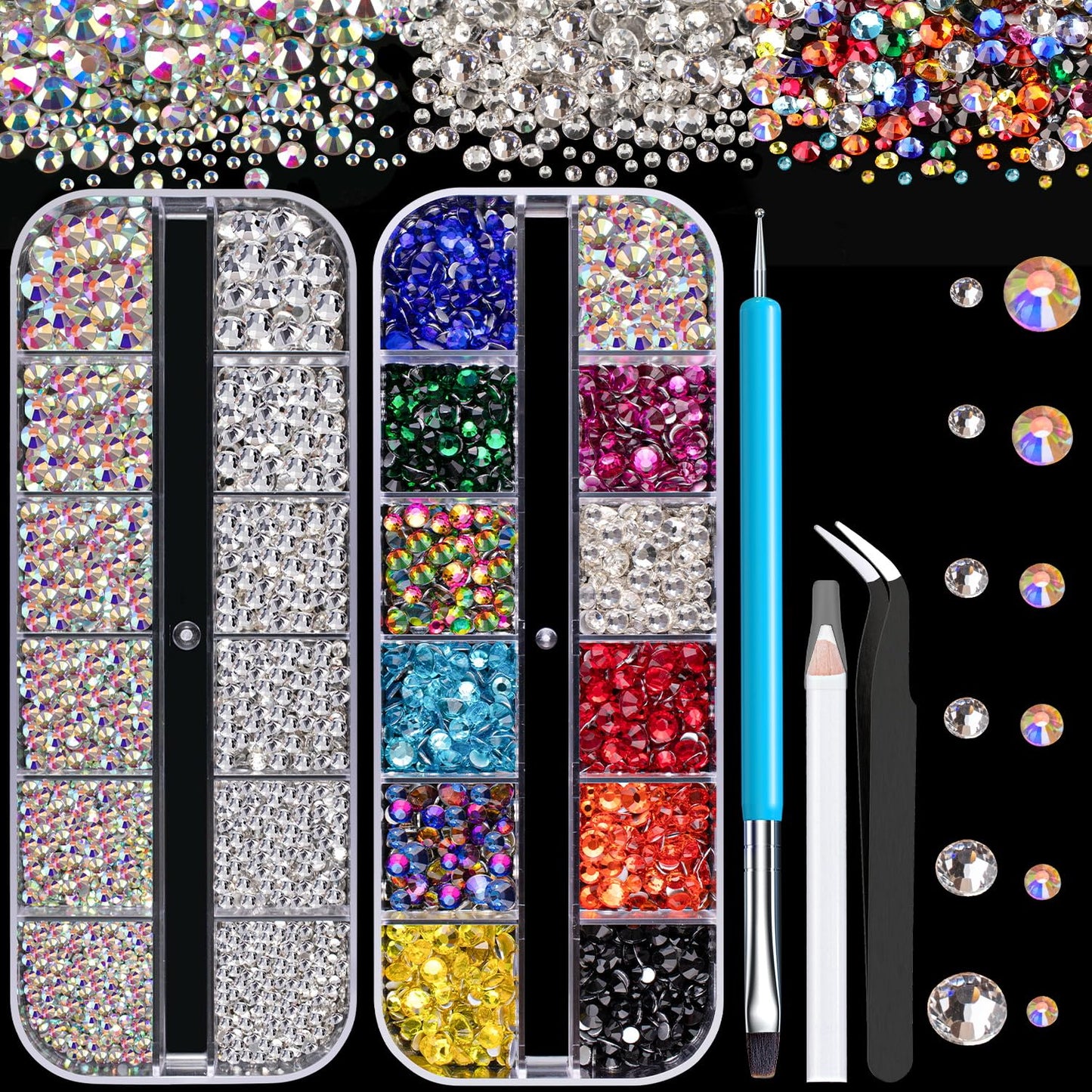Rhinestones for Nails, Manicure Gem, Flat Back Glass Crystal AB & Transparent Clear + Mixed Color Iridescent Chameleon Gemstones, 2-5mm Round Gems for Nail Art Decor with Pickup & Dotting Tools-BrightBean Baby