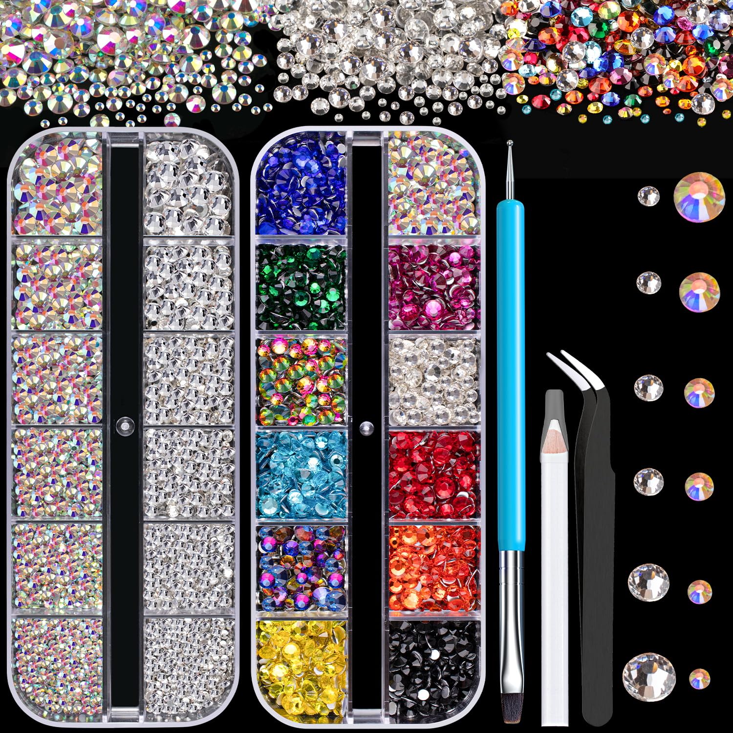 Rhinestones for Nails, Manicure Gem, Flat Back Glass Crystal AB & Transparent Clear + Mixed Color Iridescent Chameleon Gemstones, 2-5mm Round Gems for Nail Art Decor with Pickup & Dotting Tools-BrightBean Baby
