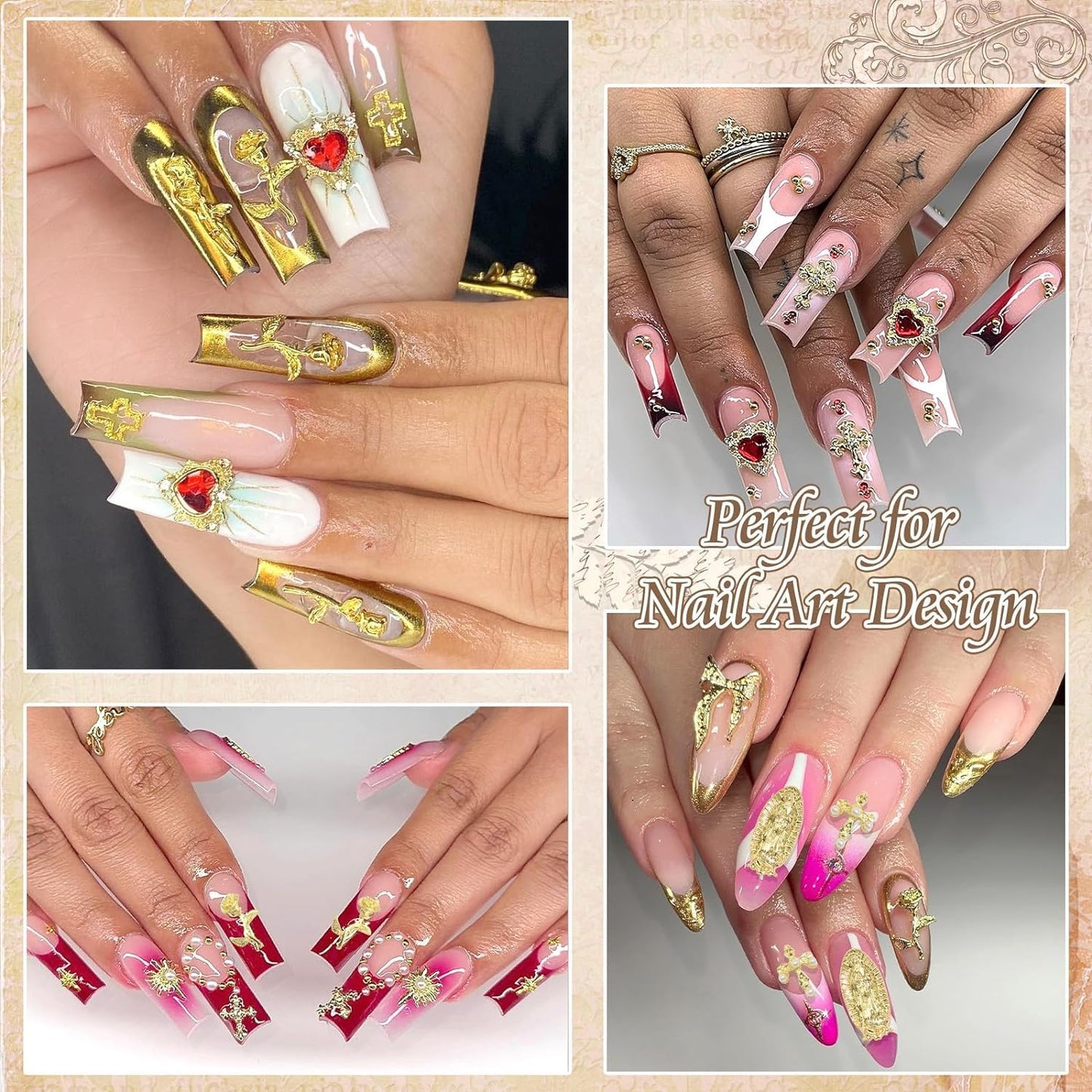 80+ Pcs Golden Nail Charms with Nail Art Rhinestones Gold Cross Virgin Mary and Rose Nail Gems for Acrylic Nails Accessories for Women Nail Decorations Manicure Craft DIY Supplies-BrightBean Baby