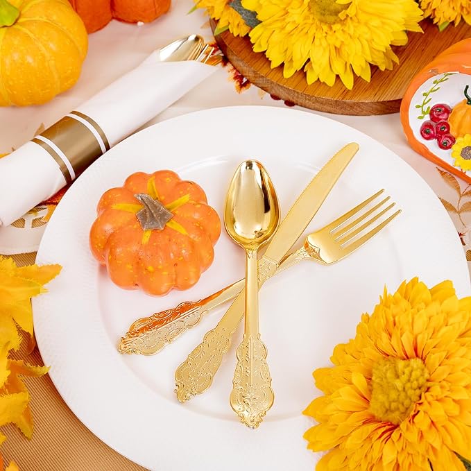 Liacere 400PCS Gold Plastic Silverware - Pre Rolled Napkins Disposable Gold Plastic Cutlery-Premium Quality Utensils-Includes 100Forks,100Knives,100Spoons,100Napkins&Wedding&Thanksgiving