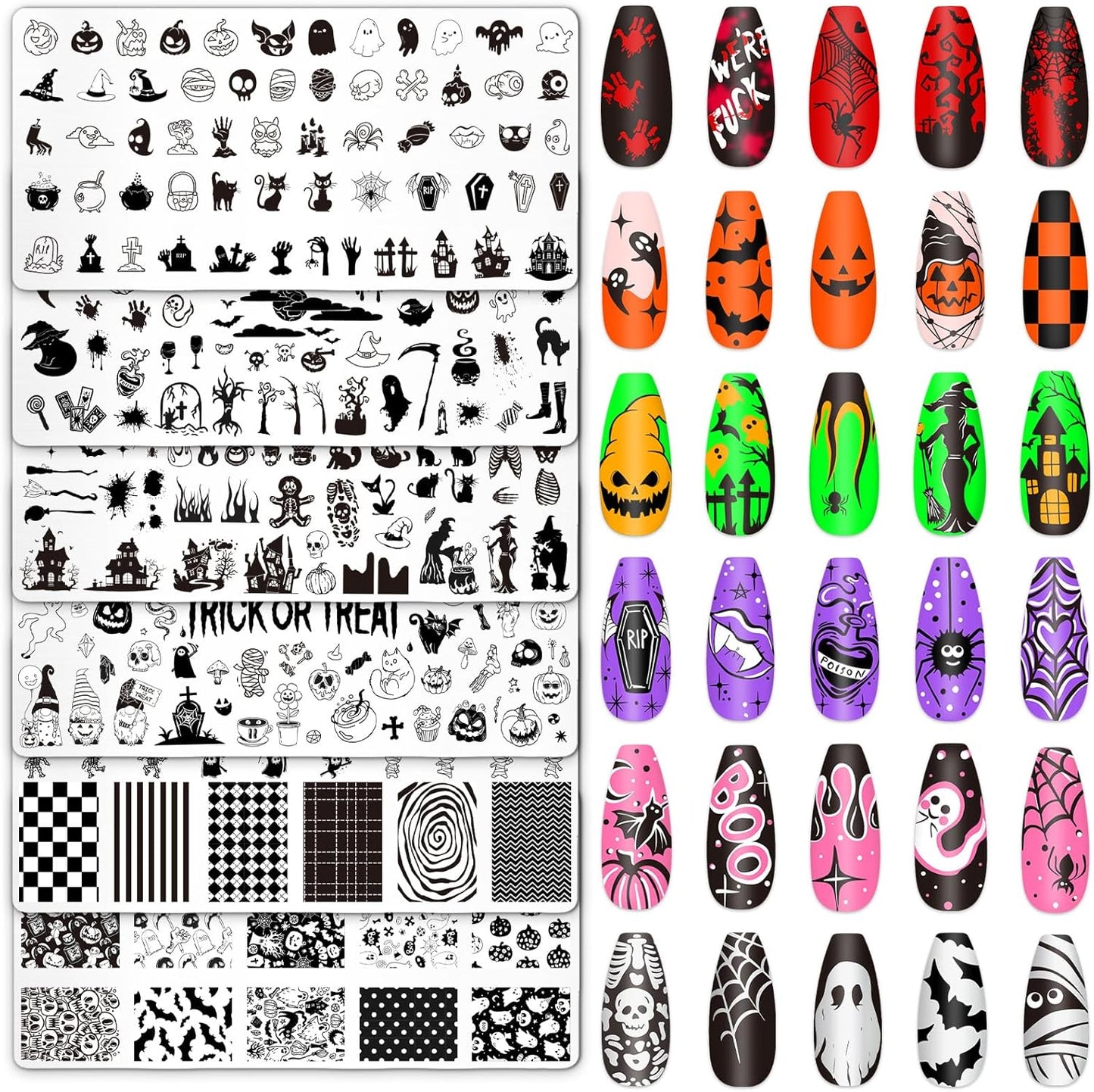 Whaline 6Pcs Halloween Nail Plates Stamping Set Pumpkin Ghost Bat Witch Stamp Templates Nail Art Plates for Trick or Treat Party DIY Print Manicure Salon Design-BrightBean Baby
