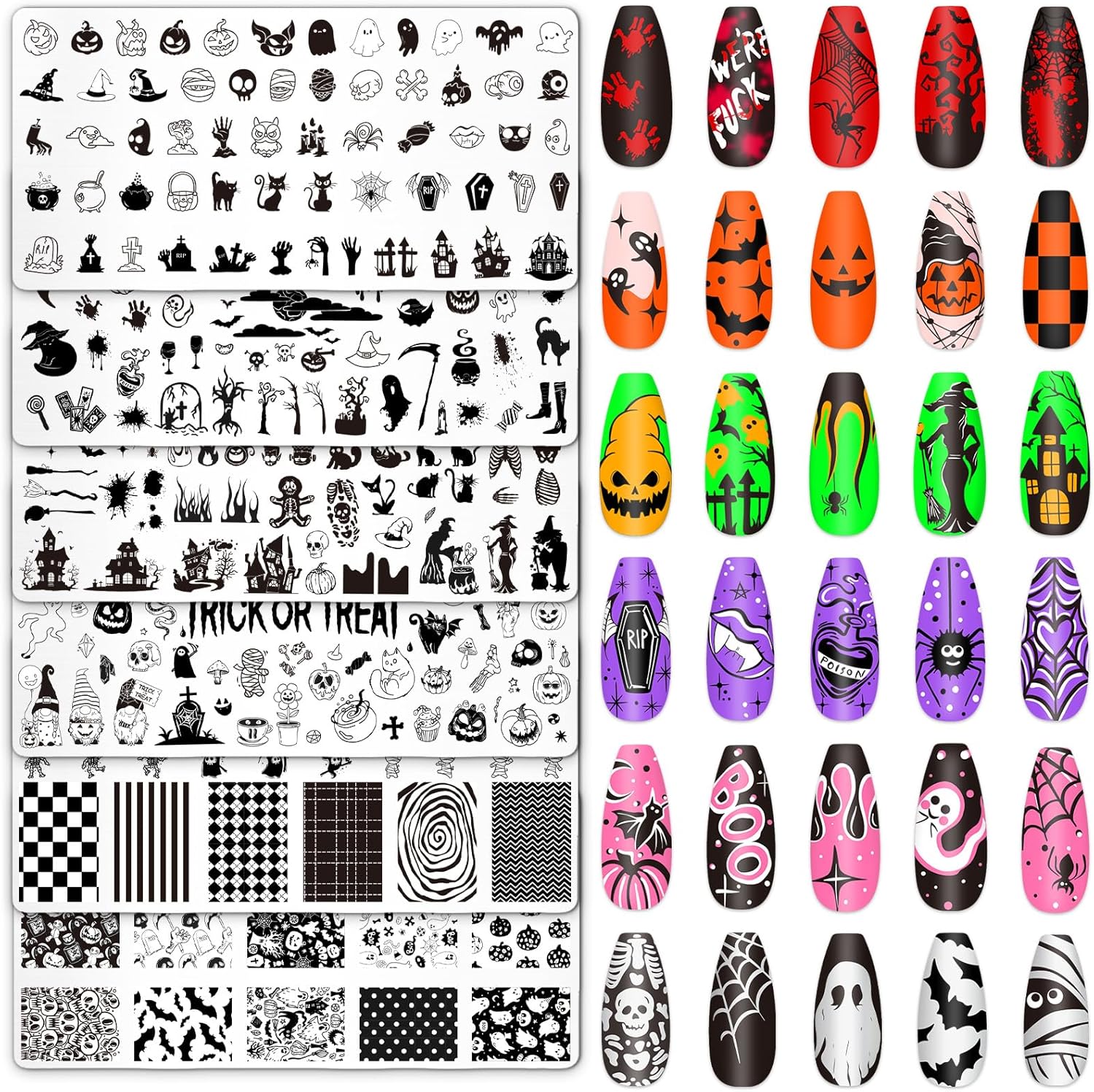 Whaline 6Pcs Halloween Nail Plates Stamping Set Pumpkin Ghost Bat Witch Stamp Templates Nail Art Plates for Trick or Treat Party DIY Print Manicure Salon Design-BrightBean Baby