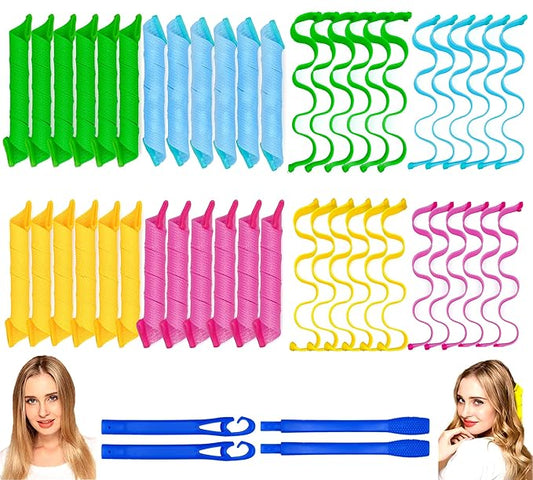 48PCS Hair Curlers Heatless Spiral and Wave Two Styles’Curls(20inch) No Heat Curlers with 4PCS DIY Styling Hooks for Women and Girls’ Medium or Long Hair (20 inch)-BrightBean Baby