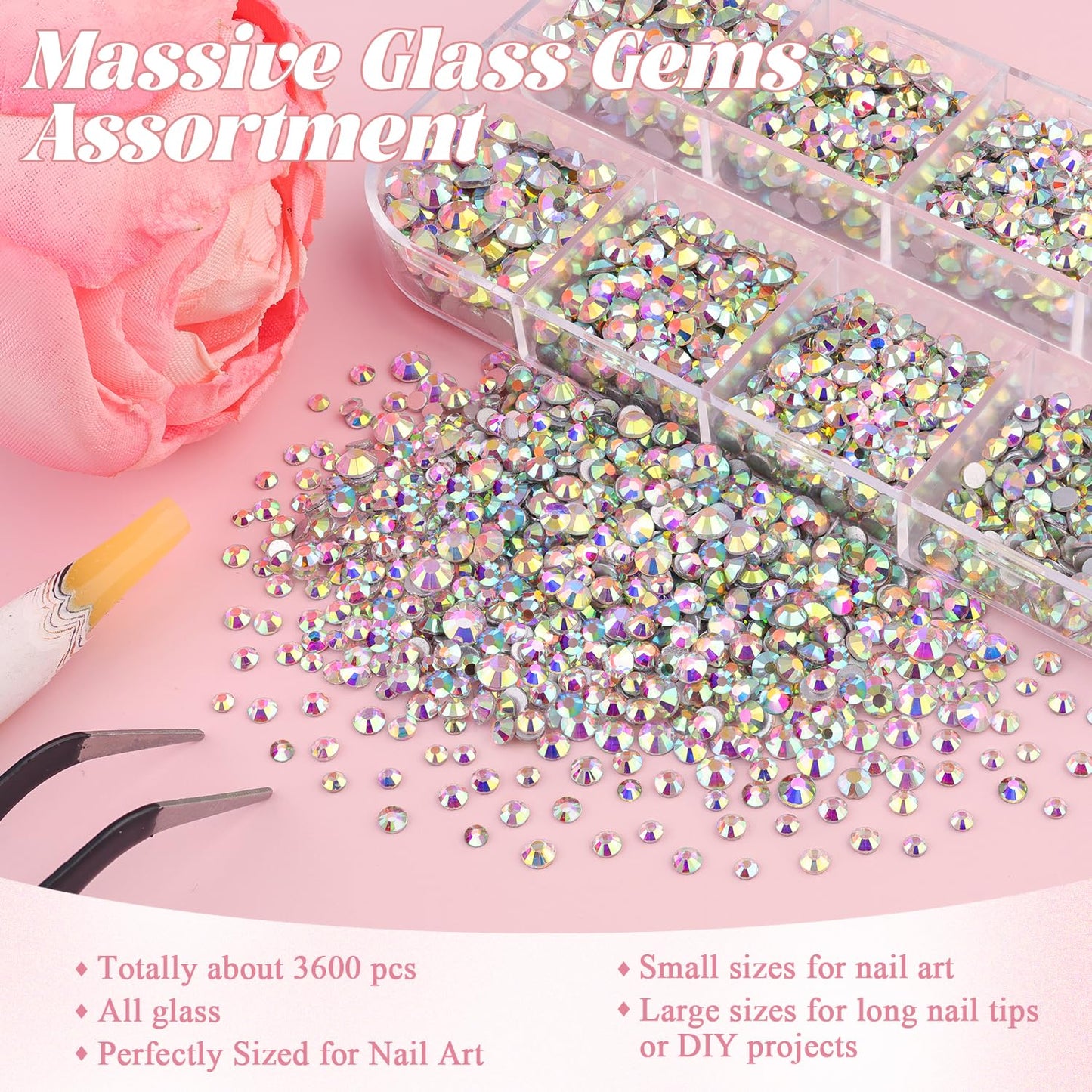 3600pcs Glass AB Nail Rhinestones 6 Sizes(1.8/2/2.4/2.8/3/4mm) Flatback Crystal Nail Charms Jewels Decoration for Nail Art and Crafting, Tweezer and Pickup Pen included-BrightBean Baby