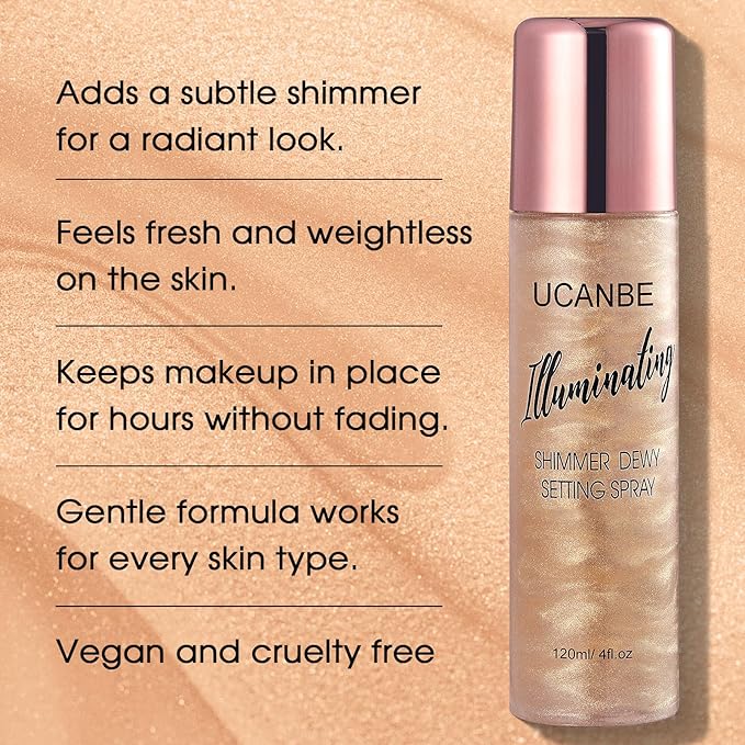 UCANBE Shimmer Dewy Setting Spray – Glowing + Makeup Setting Spray 2 in 1 Lightweight Formula for a Radiant Glow,Long-Lasting Face Mist for Face Body, 4 Fl Oz #Champagne-BrightBean Baby